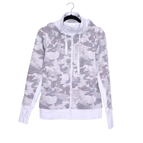 ATHLETA Triumph Printed Hoodie Grey Gypsum Camo Zip Up Stretch Active Women's M - Picture 1 of 14